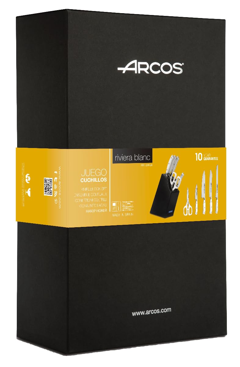 Arcos Serie Riviera Blanc - Juego de Cuchillos de 5 piezas en Caja de Regalo (4 Cuchillos + 1 Tijeras) - Hoja de Acero Inoxidable Forjado NITRUM - Mango de Polioximetileno (POM) - Bloque de madera de color negro lacado