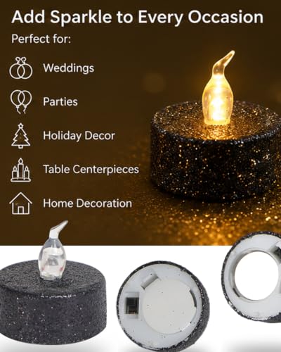 Image of 12PCS Black Glitter Tea Lights Canldes Battery Operated with Timer