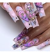 24Pcs Press on Nails Coffin Long Fake Nails Rose Red Acrylic False Nails French Tip with Heart/Lo...