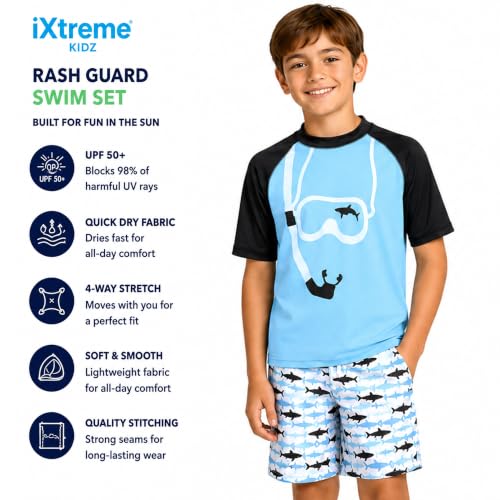 Image of iXtreme Boys Swim Set - 2 Piece Rash Guard Short Sleeve Swim Shirt and Boys Swim Trunks for Infants Toddlers & Big Boys