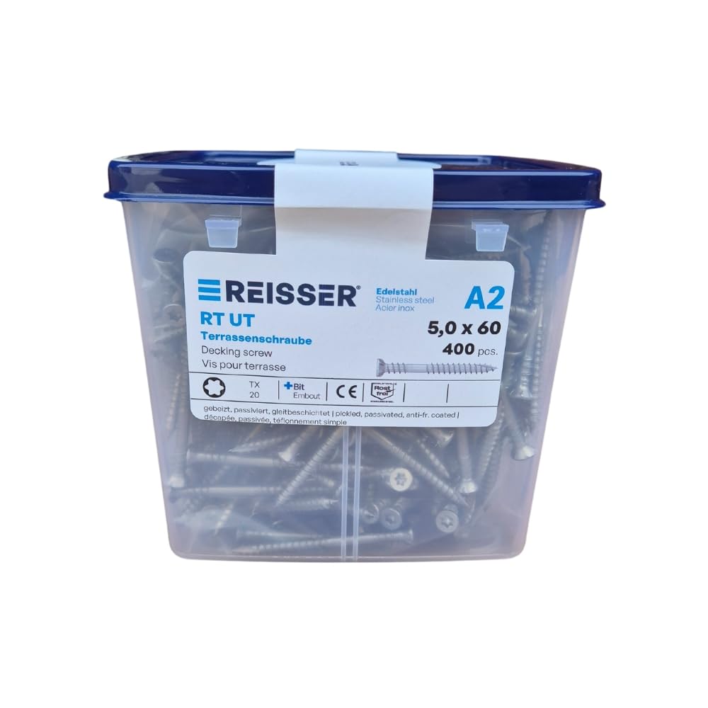 REISSER 400 vis terrasse INOX A2 - TX20, D.5 x 60 mm tête fraisée double filet - Embout inclus