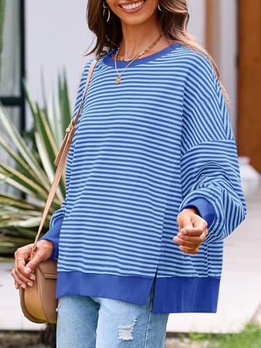 Fisoew Women's Fall Oversized Sweatshirt Casual Waffle Knit Long Sleeve Crewneck Split Pullover Tunic Tops3