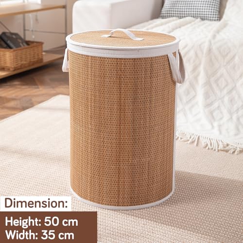 Image of HOKIPO Eco-Friendly Bamboo Laundry Basket for Clothes with Lid, Large - 48 Liter Laundry Hamper 35x50 cm (AR-6147)