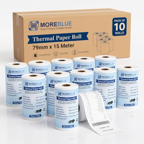Image of MOREBLUE Pack of 10 Thermal Paper Rolls, 79mm x 15m POS White Paper Rolls, Smooth Print Billing Paper for Credit Card Machine, POS Printer, Petrol Pump Billing
