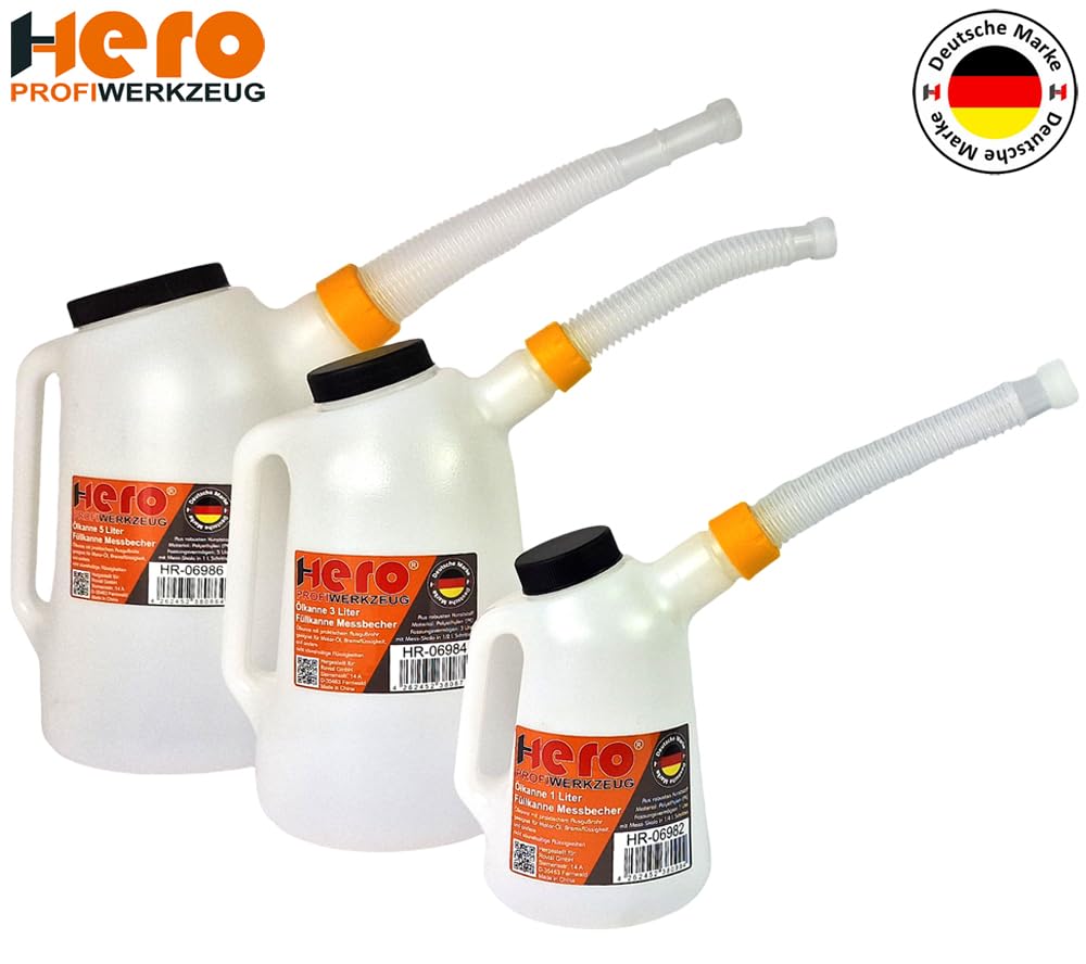 HERO Ölkannen Füllkanne Messkanne SET 1L + 3L + 5L Messbecher mit flexiblem Ausgussstutzen und Deckel Wasser Kanne Auto Ölwechsel Kfz