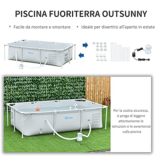 Outsunny Piscina Fuori Terra Autoportante, Piscina Rigida Rettangolare Con Filtro E Valvola In Acciaio E Pvc, Grigio, 252X152X65Cm - 3