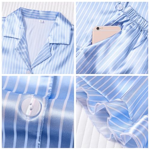 Image of Satin Pajamas Set For Women 2Pcs Ruffled Silk Pj Button Down Pajama Sleepwear Loungewear Summer Nightwear