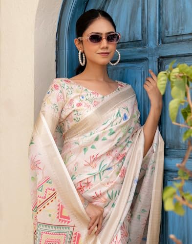 Image of SIRIL Women's Silk Printed Ready to Wear Saree With Unstitched Blouse Piece
