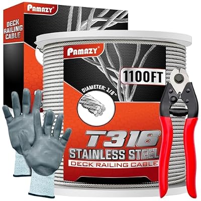 1100FT 1/8” T316 Premium Stainless Steel Deck Cable Railing Kit with Cutter & Gloves, 7x7 Strands Construction, Cable Railing Hardware System, Stair Railing, Wire Rope Aircraft Cable for Hanging