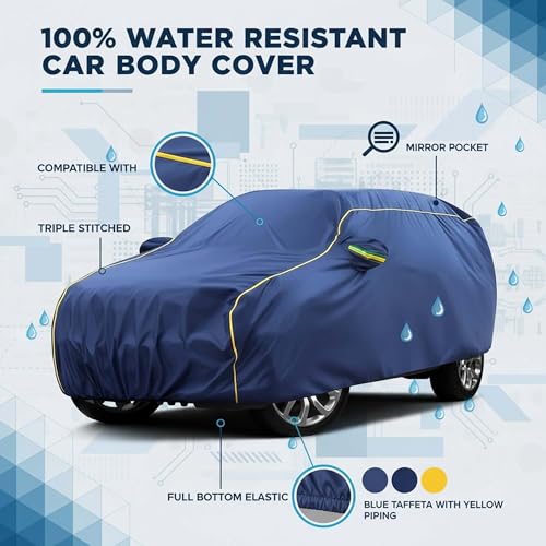 Image of Sulfar 100% Water Resistant Car Body Cover Compatible with Mirror for CITROEN E-C3 All Electric (Triple Stitched, Full Bottom Elastic, Blue Tafetta with Yellow Piping)