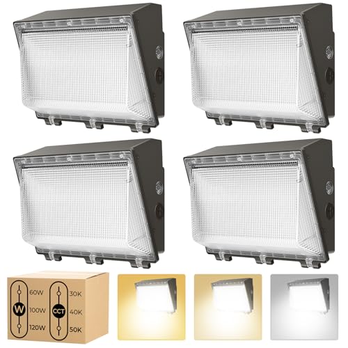 CINOTON 120W/100W/60W Switchable LED Wall Pack Light with Dusk to Dawn Sensor, 3CCT 5000K/4000K/3000K, [100-277V] IP65 Outdoor LED Security Flood Lighting for Parking Lot Warehouses-UL Listed 4 Pack