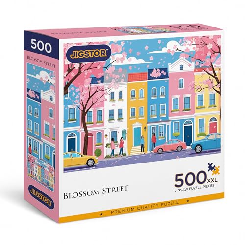 Image of Blossom Street | Premium Jigsaw Puzzle (500 Pieces) for Adults & Teens | Cherry Blossom Artwork | XXL Pieces | Brain Exercise, Stress Relief & Reduce Screentime |