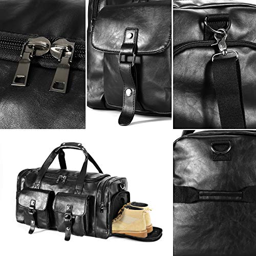 Zeroway Travel Duffel Bag with Shoe Pouch, PU leather Carry on Bag Weekender Overnight Bag for Men Women Black
