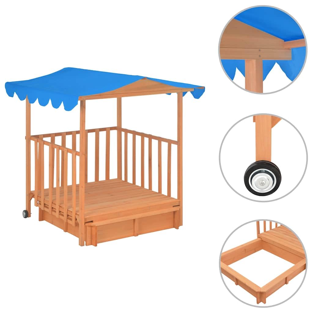 Casa de juegos de madera de abeto con arenero y toldo, 130 x 130 x 143 cm, casa de juegos infantil para jardín en color azul
