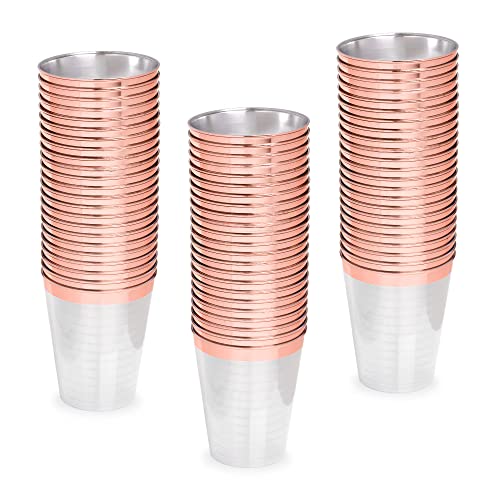 STACKABLES Confezione da 50 bicchieri trasparenti con bordo in oro rosa, 300 ml, riutilizzabili, eleganti, set di tazze classiche multiuso per feste e feste