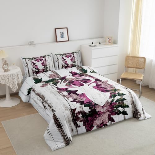Image of Feelyou Deer Hunting Comforter Size Pink Camo Deer Bedding Set Boys Girls Deer Antlers Army Camouflage Comforter Western Duvet Insert with 1 Pillow Case
