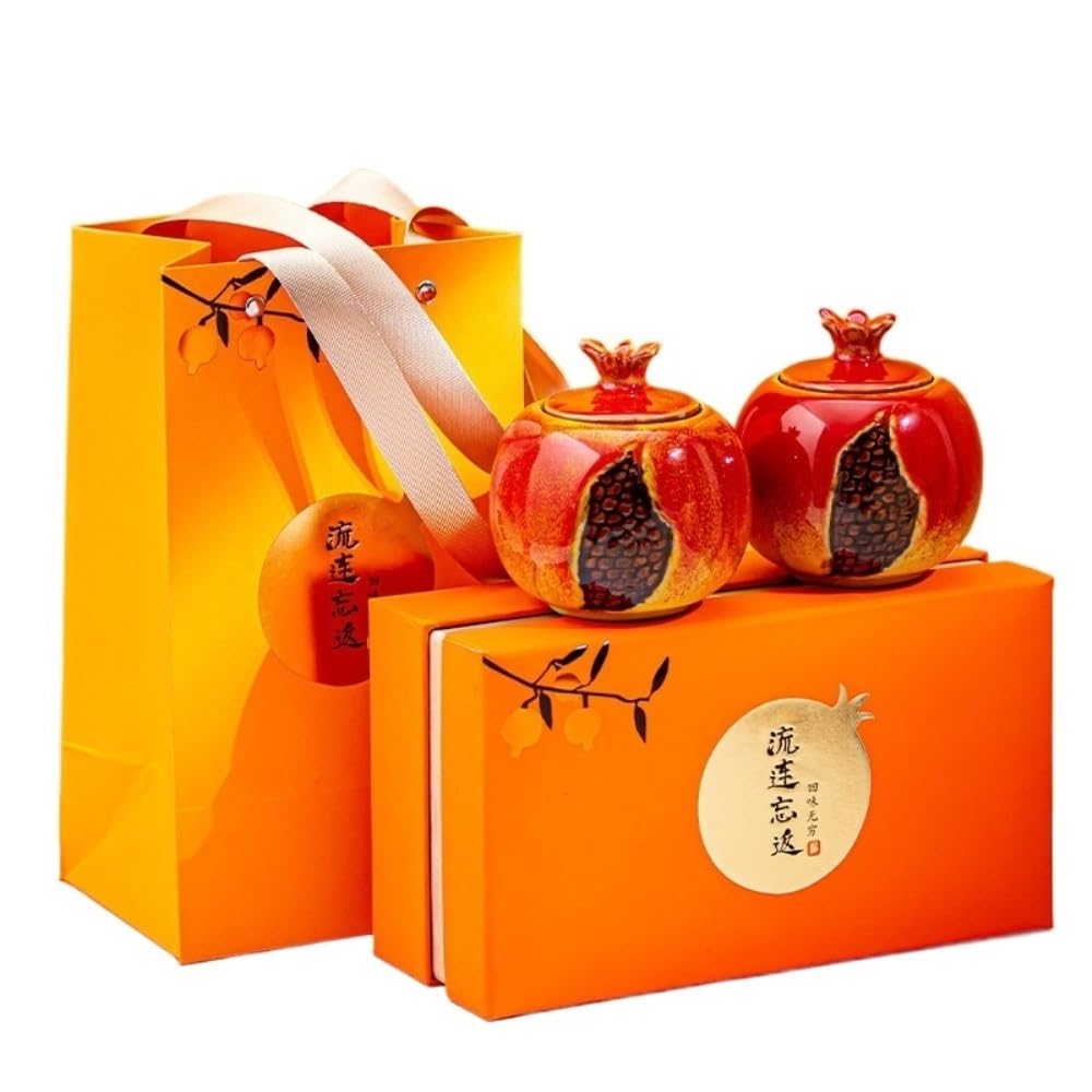 Tea Coffee Sugar Canisters Kreative Granatapfel Kleine Teedose Keramik Versiegelt Dose Tee Vorratsbehälter Dose Tee-Set Doppel Dose Geschenkbox Set Küchendosen (A)