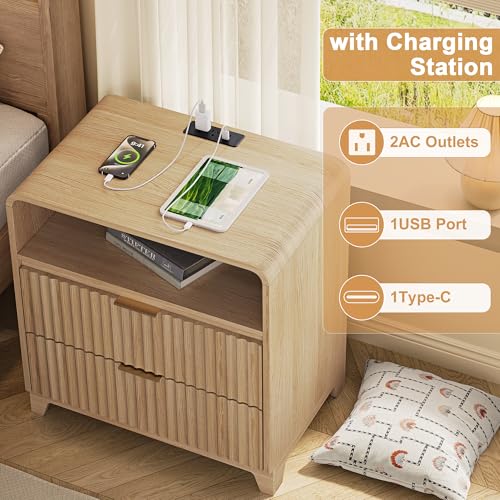 Image of Fluted Natural Nightstand Set of 2, 24 Inch Bedside Table with Charging Station, Modern Wood Night Stand with 2 Drawers and Open Shelf, End Table for Bedroom, Natural Oak