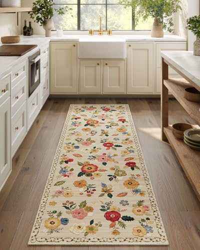Machine Washable Runner Rug for Hallway: 2'6"x8' Kitchen Runners Rug with Rubber Backing Non Slip Stain Resistant Floral Floor Rug Soft Carpet Runners for Indoor Entryway Bedroom Bedside Living Room