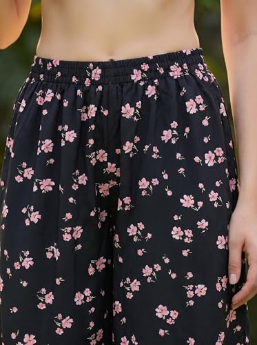 Image of THUMBA Women's Printed Poly Rayon Palazzo Pants | Wide Leg Culottes | Floral & Butterfly Print | Elastic Waist | Casual & Ethnic Wear | S M L XL 2XL 3XL