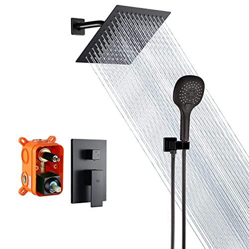 POP SANITARYWARE Black Shower System Bathroom Rainfall Shower Faucet Set Complete Wall Mounted 8 Inch Shower Head and Handle Set with Rough-in Valve Body and Trim Kit