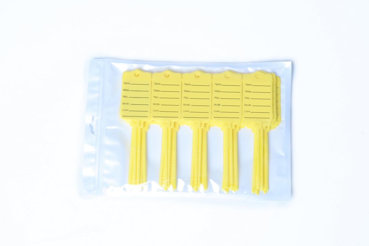 50 x Yellow Plastic Vehicle Key Tags - Waterproof Self-Loop Labels
