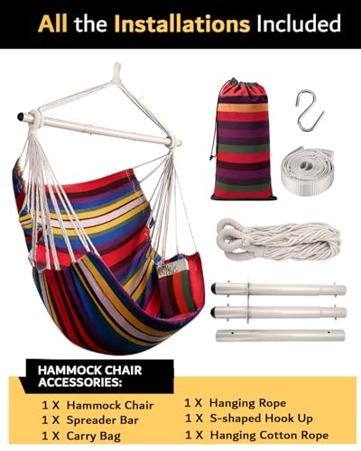 Image of Lulladle Hammock Chair Hanging Rope Swing for Bedrooms - Indoor and Outdoor Swing Chair - Max Weight 500 Lbs - Rainbow