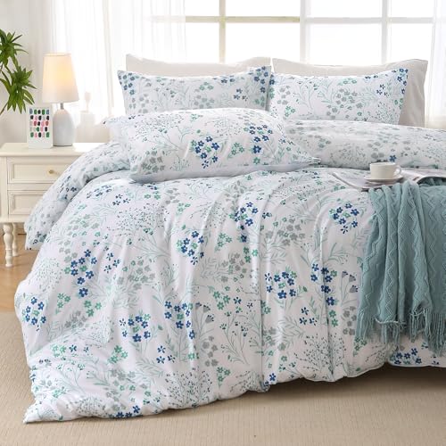 Image of MUXHOMO Blue Flower Full Comforter Set, Elegant Floral Print Bed in a Bag 7 Pieces, Ultra Soft & Breathable Reversible Botanical Pattern Bedding Set with Comforter, Sheets, Pillowcases, and Shams