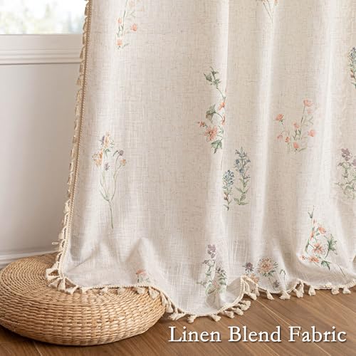 Image of MYSKY HOME Floral Boho Semi Sheer Linen Blend Farmhouse Curtains 84 Inches Long 2 Panels Set Spring Flower Printed Drapes with Tassels Back Tab Rod Pocket for Living Room Bedroom, 50 inch Wide, Pink