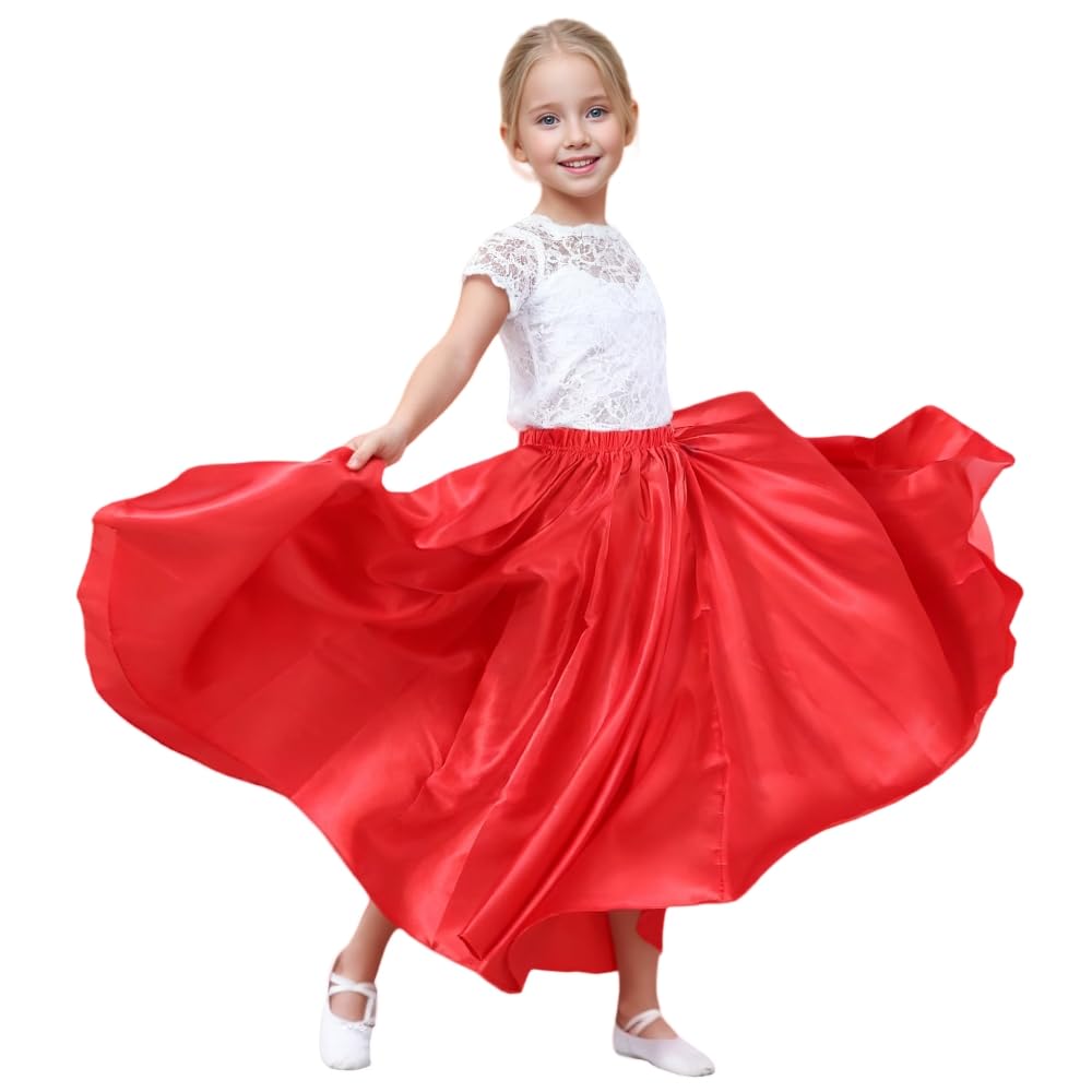 Girls Belly Latin Dance Skirt - Elastic Waist Ankle Length Full Flowy Circle Dancewear for Dance Practice Training