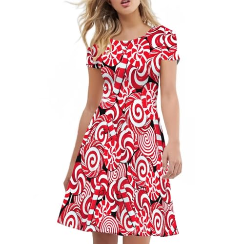 Image of POLERO Women Puffy Swing Elegant Party Midi Dresses Short Sleeve Round Neck A-Line Dress