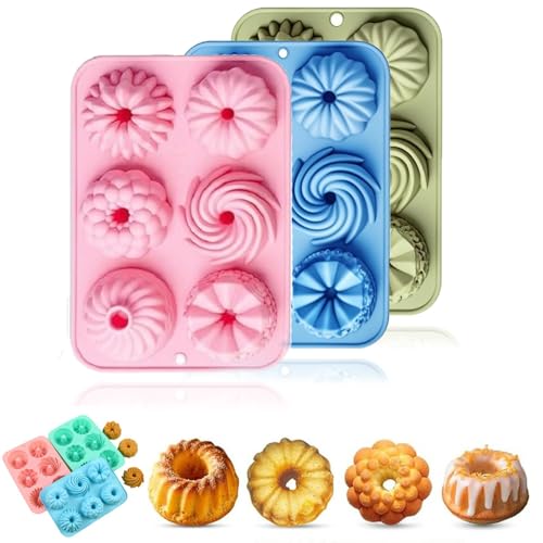 YYUEZHI 3 Pieza Moldes de Silicona Repostería, Molde Para Donuts, Bandeja Muffins 6 cavidades, Antiadherentes, para Pasteles, Galletas, Bagels, Chocolate, 21.5 x 14.8 x 2.8 cm