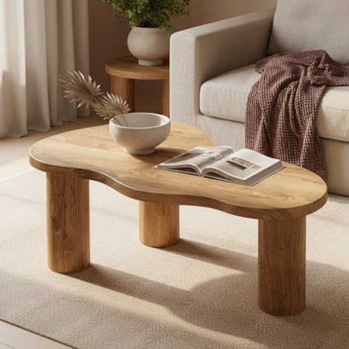 skølm Mani Couchtisch in organischer Form – Wohnzimmertisch aus hochwertigem Eichenholz in Eichenoptik, geölt & lackiert – asymmetrischer Beistelltisch – moderner Holztisch - Sofatisch mit 3 Beinen