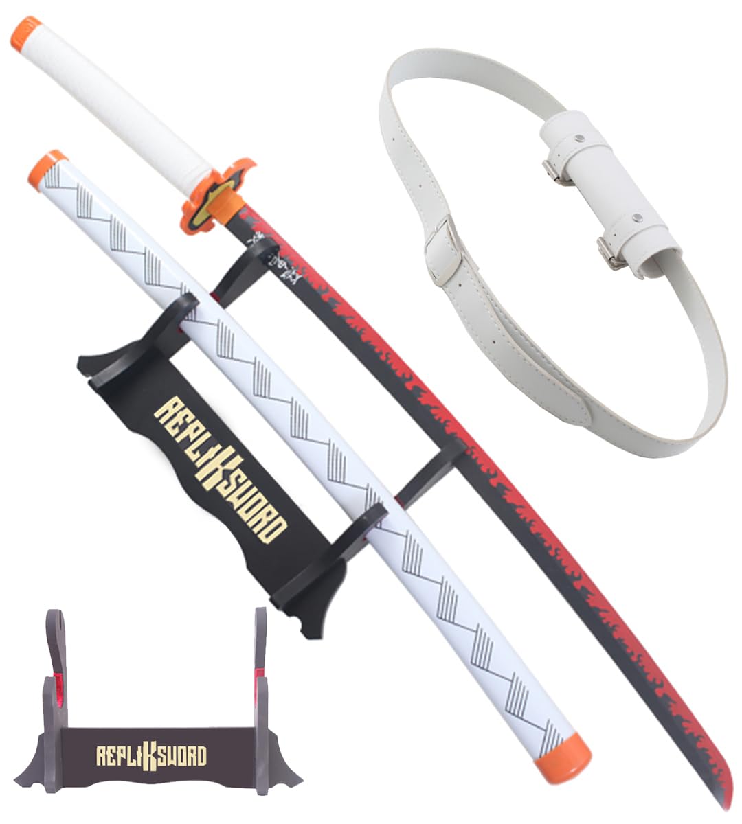 Demon Slayer Katana Rengoku En Bois – Lame Kyojuro Rengoku Kimetsu No Yaiba, Fourreau + Présentoir Bois + Ceinturon Blanc Inclus – Cosplay