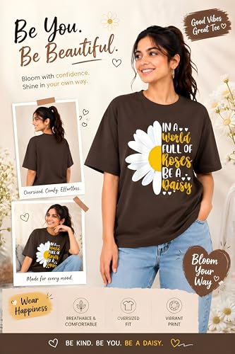 Image of Amazon Brand - Anarva Women Oversized Graphic Printed T Shirt 100% Cotton Drop Shoulder Loose Fit Baggy Casual Tshirt for Girls