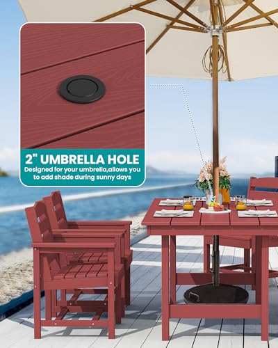 Image of SERWALL Outdoor Dining Set for 6, HDPE Dining Furniture Set with Umbrella Hole Cut-Out Table and 1 Dining Bench and 4 Chairs, All Weather Outdoor Dining Bench Sets, Red
