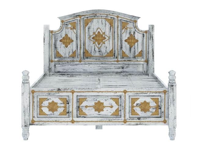 Image of Arman HANDICRAFTS Solid Sheesham Wood King Size Bed with Hand-Carved Decorative Panels | Vintage Wooden Bed Frame for Bedroom | Antique White & Gold Finish | Classic Designer Bed