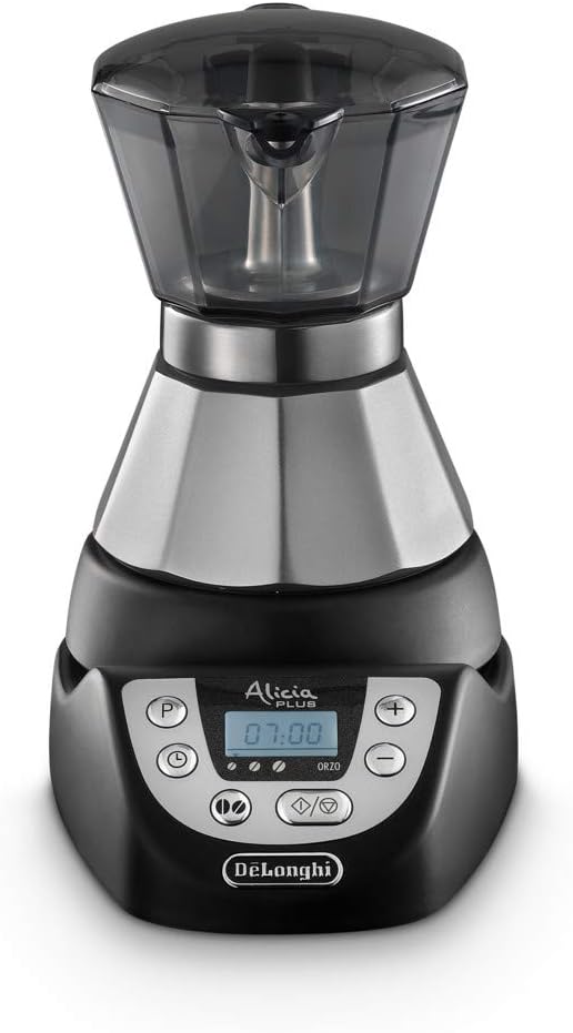 DeLonghi Alicia PLUS EMKP21.B Caffettiera Moka Elettrica 1-2 Tazze, Caffè caldo per 30 minuti, Spegnimento automatico, Risparmio energetico, Facile da usare e da pulire, Nero/Argento