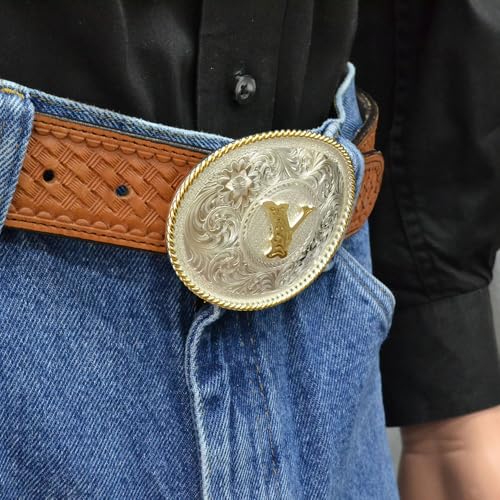 Image of Montana Silversmiths Initial Engraved Gold Trim Western Belt Buckle