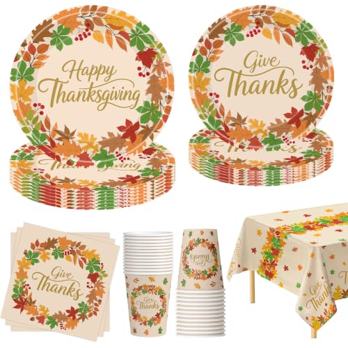 101 Pcs Thanksgiving Plates and Napkins, Maple Leaf Thanksgiving Paper Plates Napkins Cups Tablecloth Set, Disposable Give Thanks Dinnerware for Autumn Harvest Thanks Giving Party Decorations Supplies - image 1