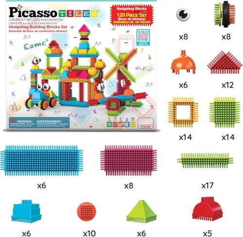 PicassoTiles 120pcs Hedgehog Interlocking Building Blocks Tiles Construction Toy Set Learning Playset STEAM Development Preschool Kindergarten Toy for Kids Age3+ PTB120 - Image 3