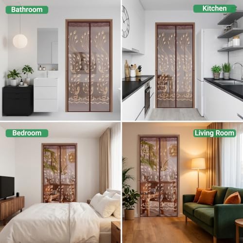 Image of HASTHIP Mosquito Screen Door 90x210cm, Auto Close Peacock Brown Mesh | Mosquito Barrier, Hands-Free Closing, Breathable Mesh, No Drill Magnetic Screen Door for Room Doors, Balconies and Patios