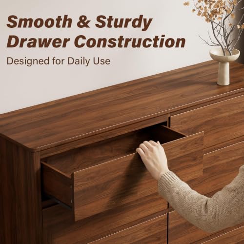 Image of Furniway Walnut Dresser and Nightstand Set 3 Piece, 8 Drawer Dresser with 3 Drawer Nightstands Set of 2, Modern Wood Chest of Drawers, Handleless Bedroom Storage Set