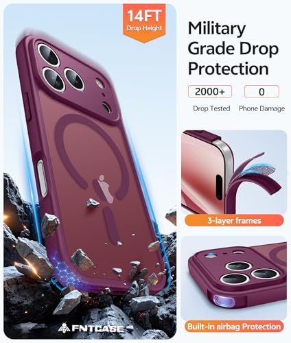 Image of FNTCASE for iPhone 17 Pro Max Case: [Compatible with Magsafe] Translucent Matte Cases with [Full Camera Protection] [Screen Protector] Military Grade Shockproof Protective Phone Cover - Wine Red