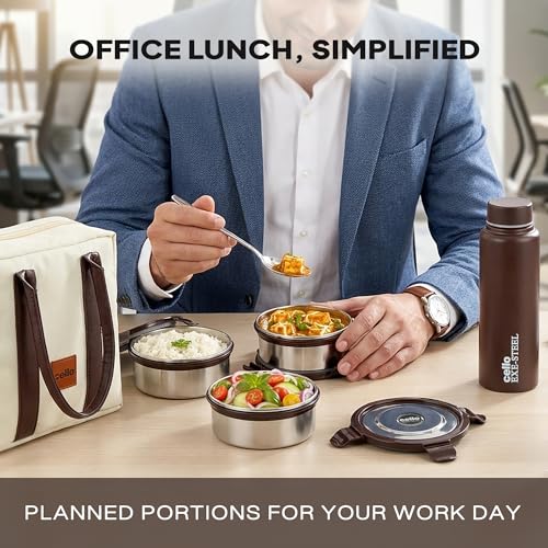 Image of CELLO Urban Bite Lunch Box with Bag for Office Use, White Brown | 3 x 400ml Stainless Steel Containers, 800ml Water Bottle with Fork & Spoon, Leak Proof Airtight Clip Steel Tiffin Box Set for Travel