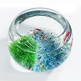 Glass Betta Fish Bowl with Decor, Mini High Clear Fish Tank Kit with 2pcs Plastic Plants Piles and 250g Crystal Sand Round Vase for Flowers and Plants Fit for Daily, Party, Home Decor (W-7.9'', H-6'')