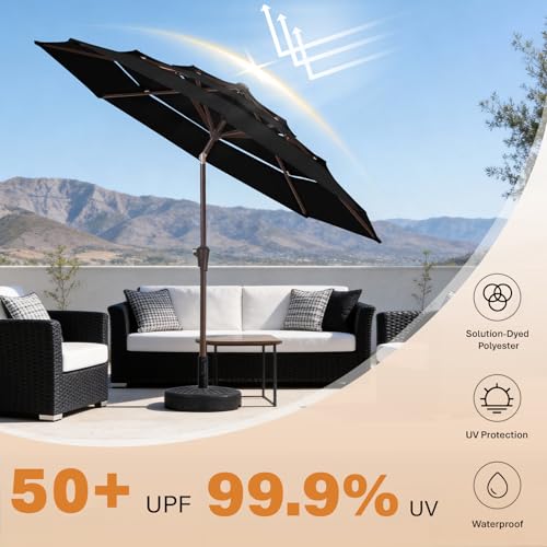 Image of JEAREY 9FT 3 Tier Patio Umbrella Outdoor Market Umbrella Table Umbrellas with 8 Ribs 1.5 Pole Push Button Tilt and Crank UV Protection for Garden,Black