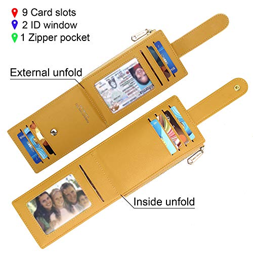 Image of Badiya Slim Women Wallet RFID Blocking Bifold Compact 9 Card Slots Holder Wallets Soft Leather with Zipper Coin Pocket 2 ID Window