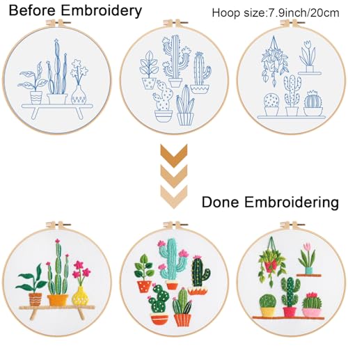 Image of Louise Maelys 3 Sets Cactus Embroidery Kits for Beginners,Cross Stitch Kit for Adults,Crewel Starters Needlepoint with Plants Pattern, Hoop and Instruction