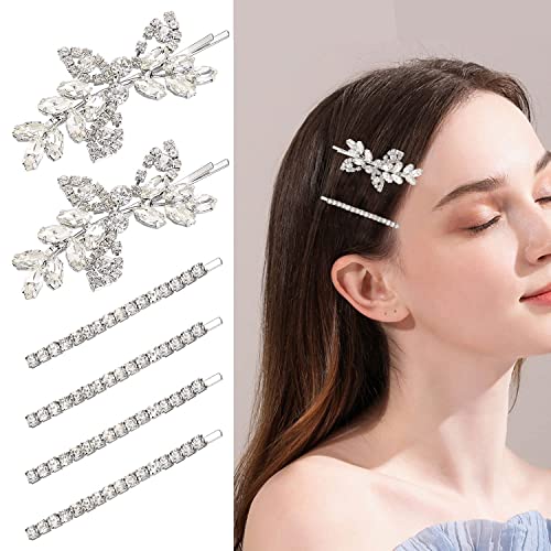 6 Pieces Rhinestone Bridal Hair Clips Leaf Wedding Hair Pins Crystal Bobby Pins Silver Hairpin Jewelry Barrette For Brides Bridesmaids Flower Girls #TOP1